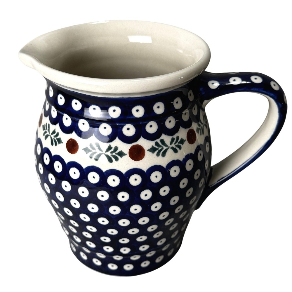 Vintage Boleslawiec Polish Pottery Handmade Peacock Eye Pitcher Dot Blue Large